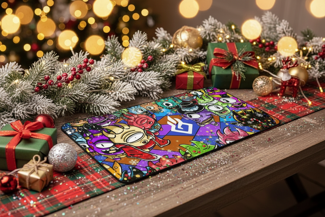 Colorful BEACN Hillbo desk mat with cartoon character design on a wooden table with Christmas decorations.