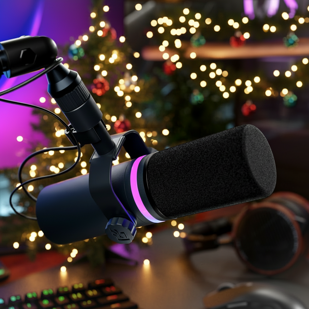 BEACN Mic with RGB lighting on a desk with a blurred Christmas tree in the background