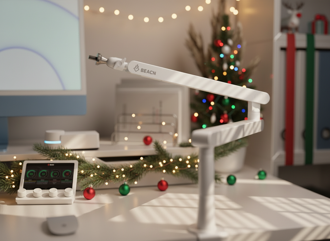 BEACN Mic Stand with Christmas decorations in the background