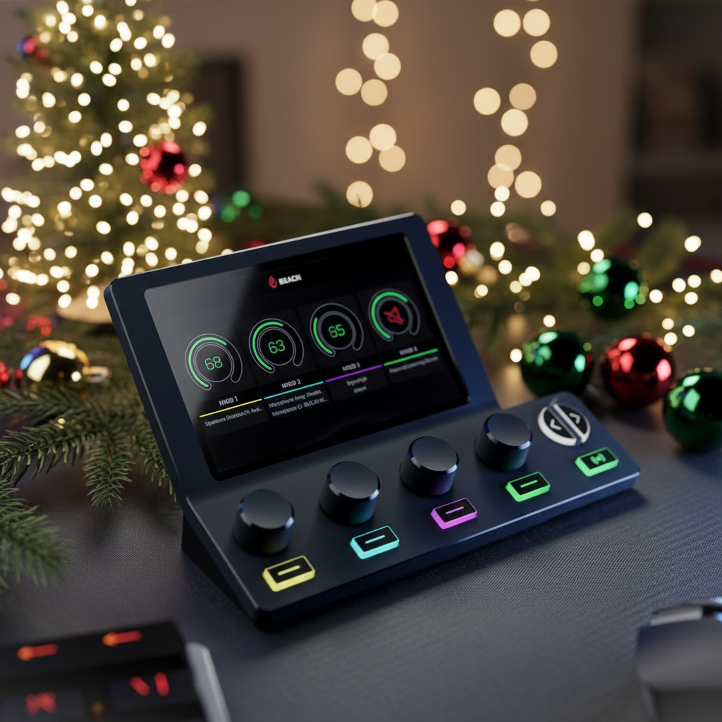 BEACN Mix Create with display and controls in a festive setting with Christmas tree and lights.