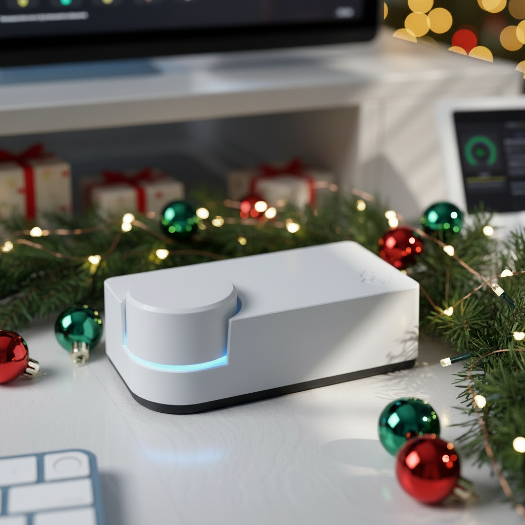 BEACN Studio XLR Interface with blue light on a desk with Christmas decorations