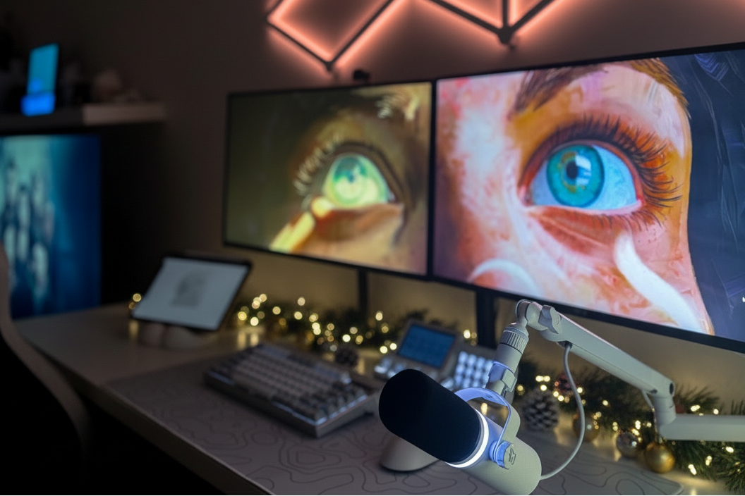 Modern home office setup with dual monitors displaying eye images, illuminated wall art, and desk accessories.