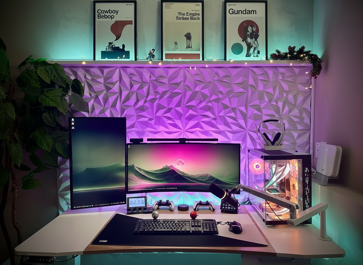 Modern home office setup with dual monitors, keyboard, and RGB lighting.