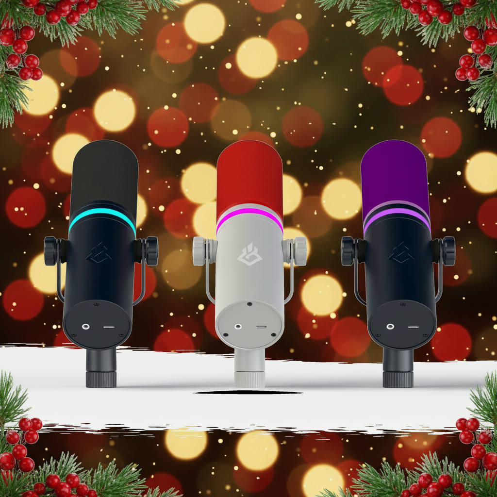 Three microphones with colorful accents on a festive background with lights and decorations.